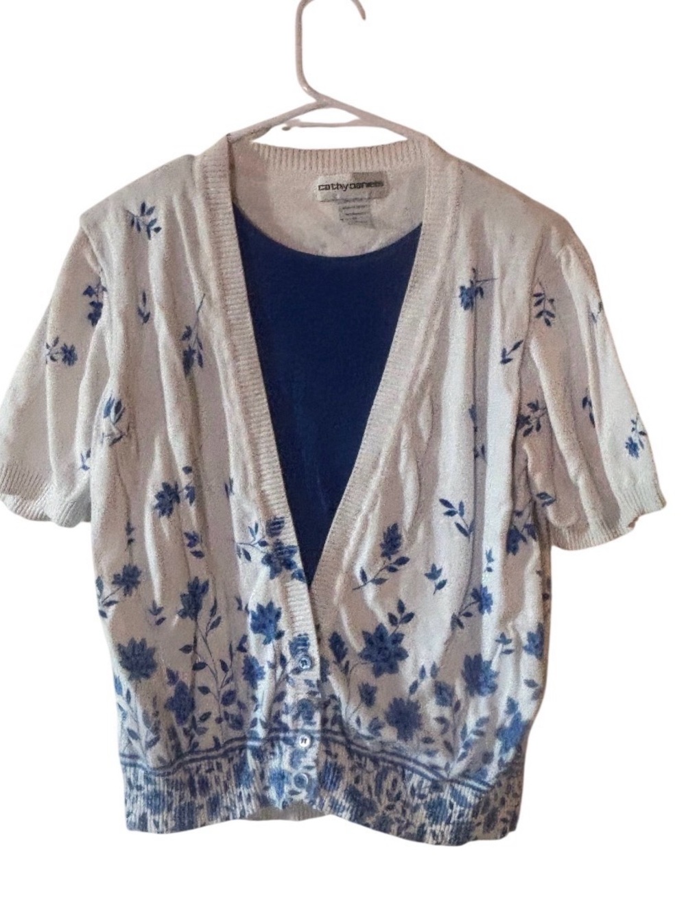 Vintage Cathy Daniels White & Blue Floral Short Sleeve Cardigan